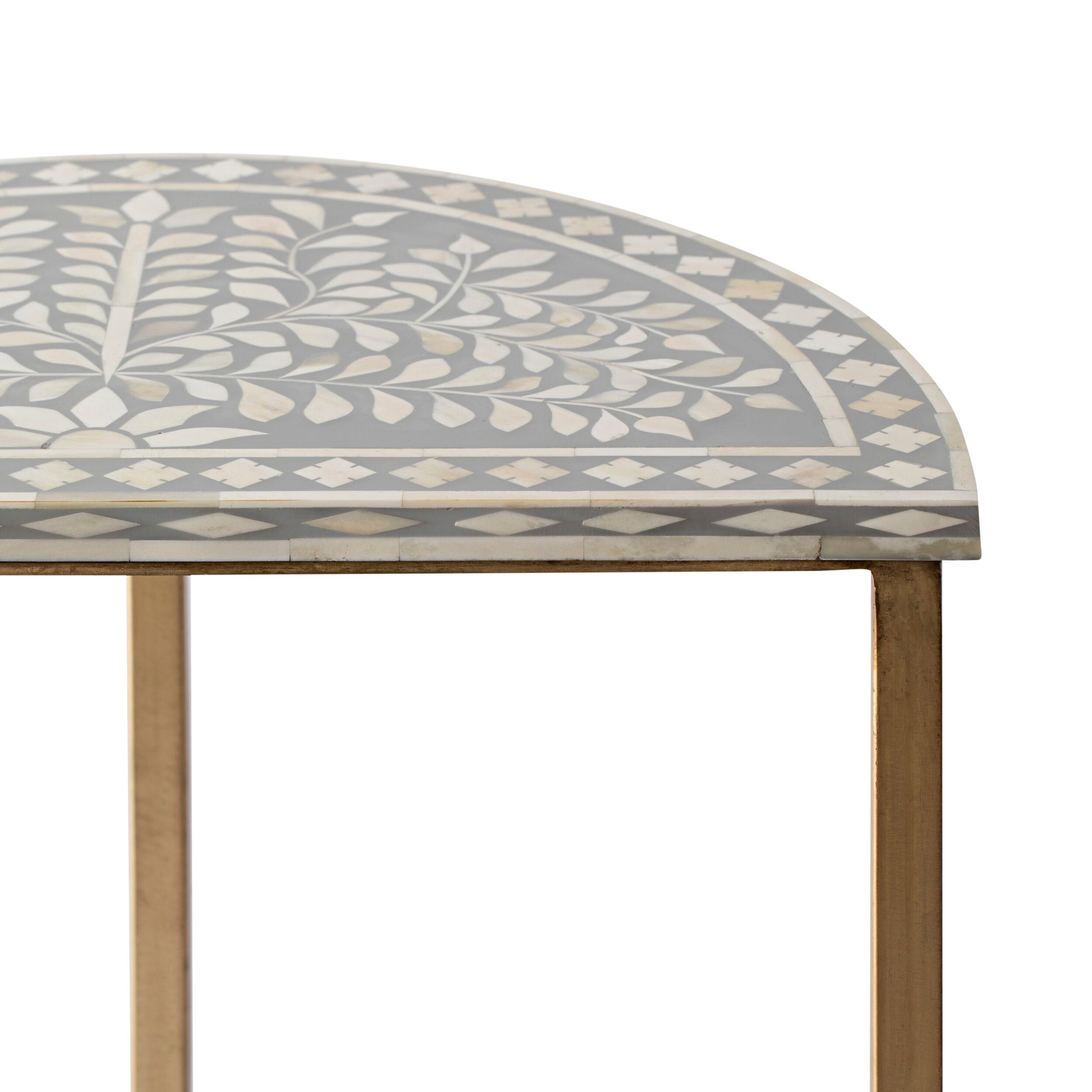 Bone Inlay Half Moon Side Table Grey with Gold Frame 53cm