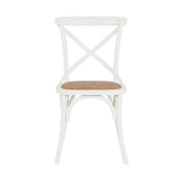 Front view of the Provincial Cross Back Dining Chair in Crisp White, showcasing its Parisian chic style with an X-back design and woven rattan seat, embodying the elegance of French Provincial chairs.