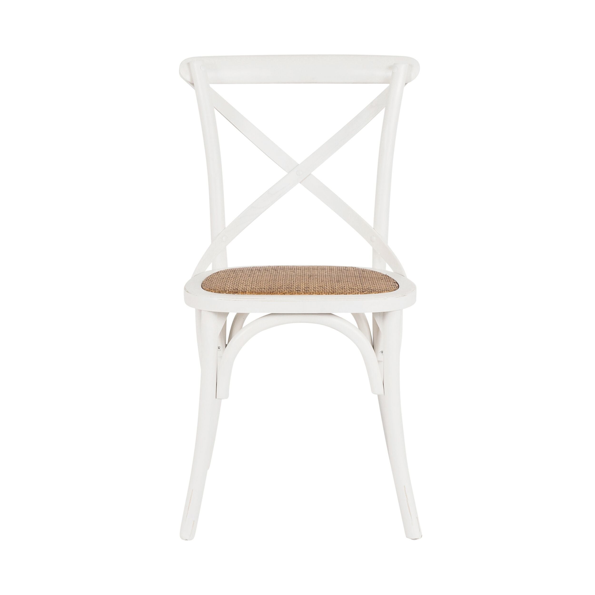 Front view of the Provincial Cross Back Dining Chair in Crisp White, showcasing its Parisian chic style with an X-back design and woven rattan seat, embodying the elegance of French Provincial chairs.