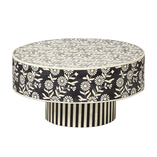 Aria Bone Inlay Round Plinth Base Coffee Table Black and White Early