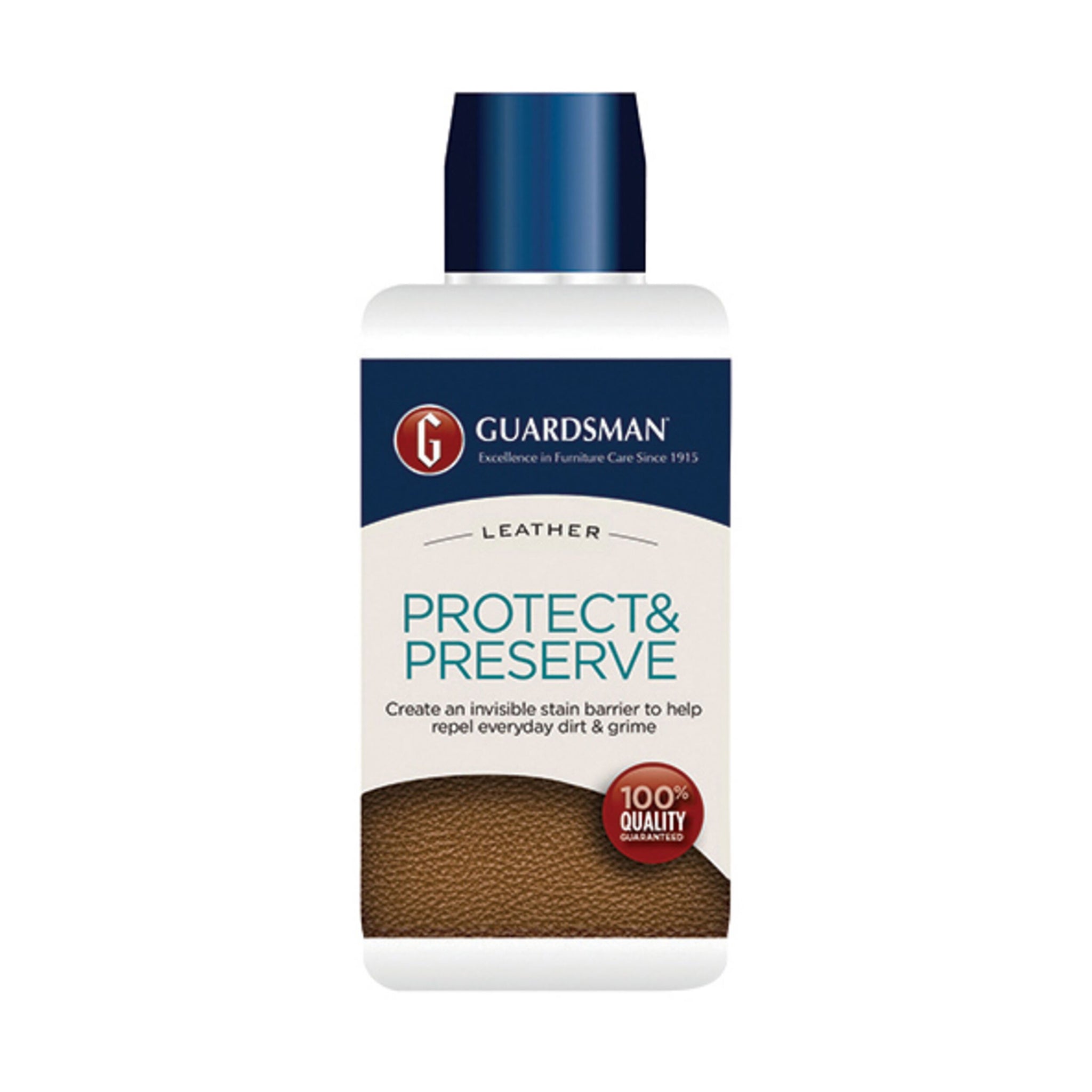 A 250ml bottle of Guardsman Leather Protector, with a blue cap and a label promoting its Leather Protector formula to repel dirt and grime for superior furniture care.
