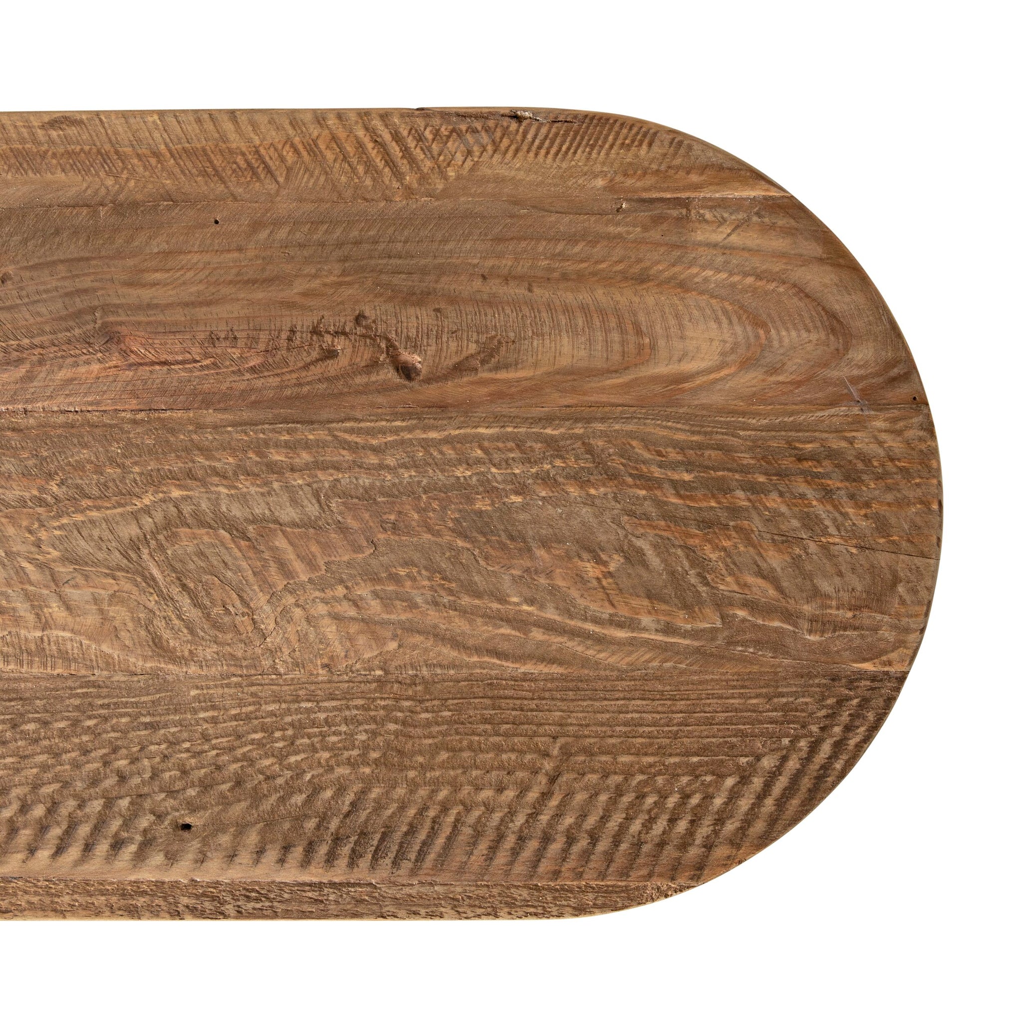 Close-up of rounded wooden tabletop edge and wood grain showing rustic finish.