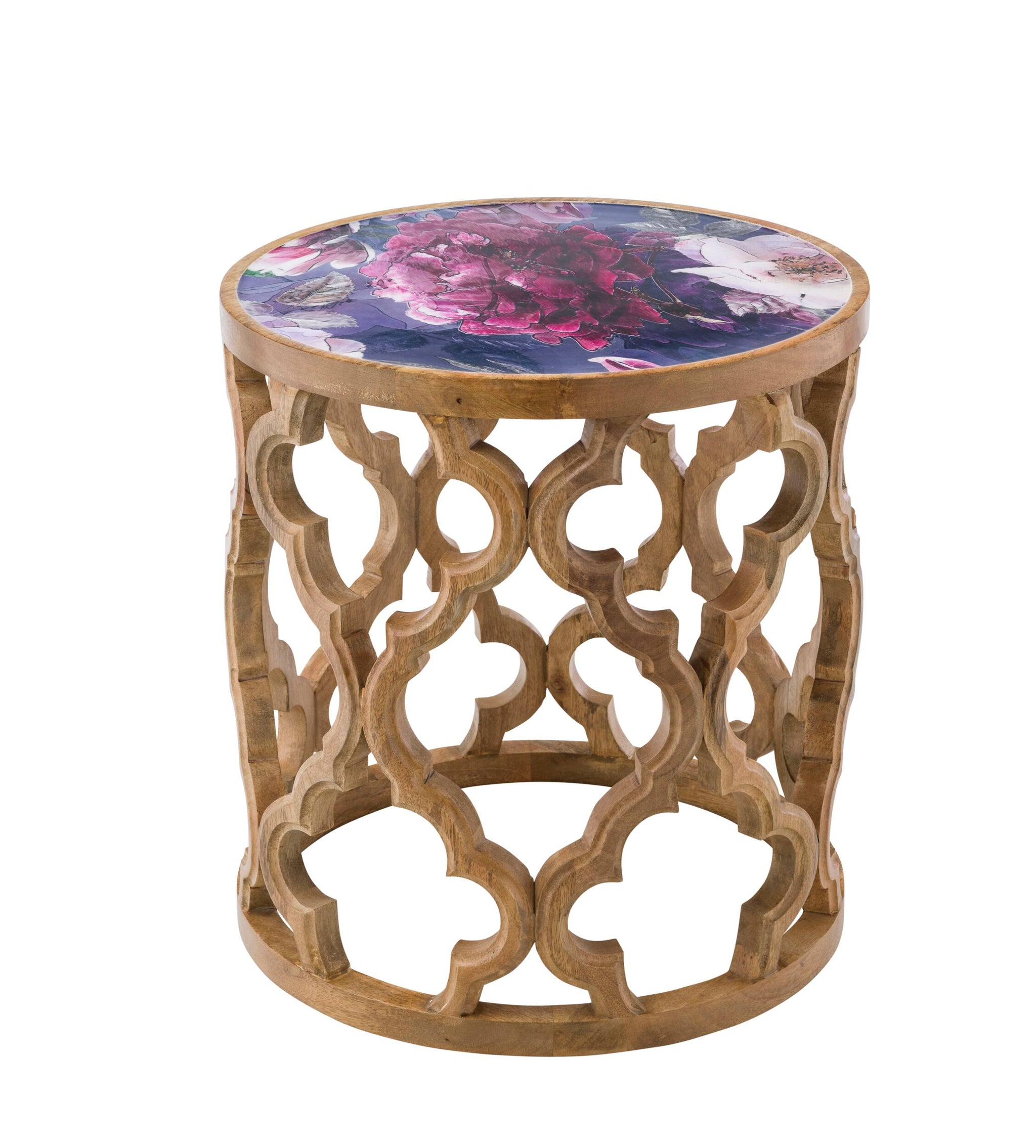 Eco Sole Peony Flower Carved Round Side Table Large 45.7x48.2cm