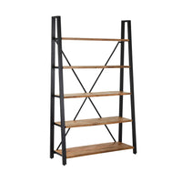 The Fulham Large Ladder Shelving Unit (193 x 121cm) boasts a contemporary design with five tiers made from mango wood, complemented by a black steel frame and cross supports in a leaning A-frame style.