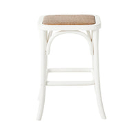 The Bastion Backless Bar Stool White features coastal style with an elm wood frame and a square woven rattan seat, shown against a plain white background.