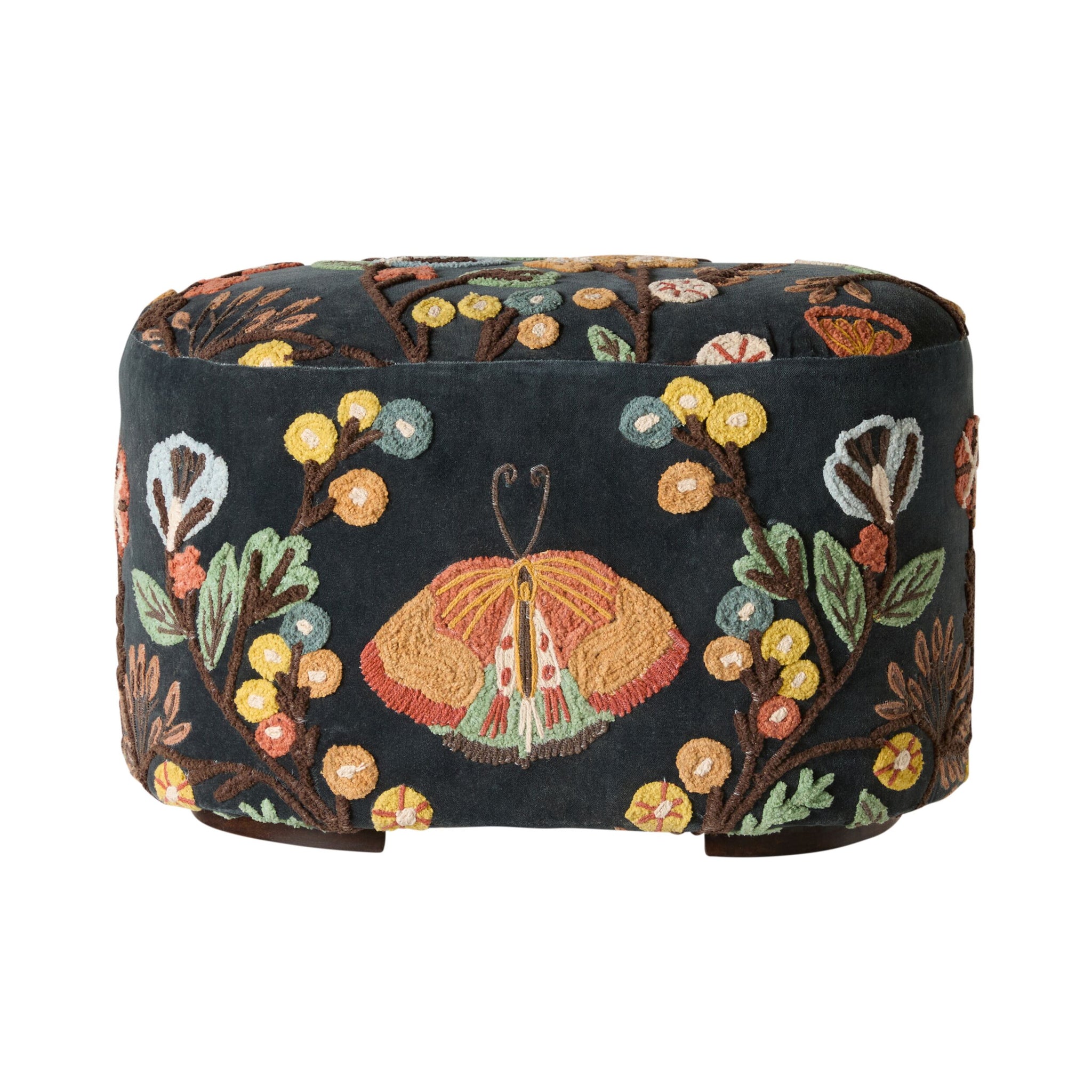 Freya Embroidered Ottoman Blue Velvet