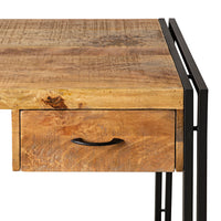 A close-up of the Fulham 2 Drawer Desk, crafted from mango wood with two drawers, sleek black handles, and a sturdy steel frame, showcasing its textured finish and modern design.