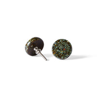 A pair of round stud earrings inspired by the Speckle Emerald Knob 4.5cm, featuring dark, speckled surfaces and sleek silver posts, shown on a white background.