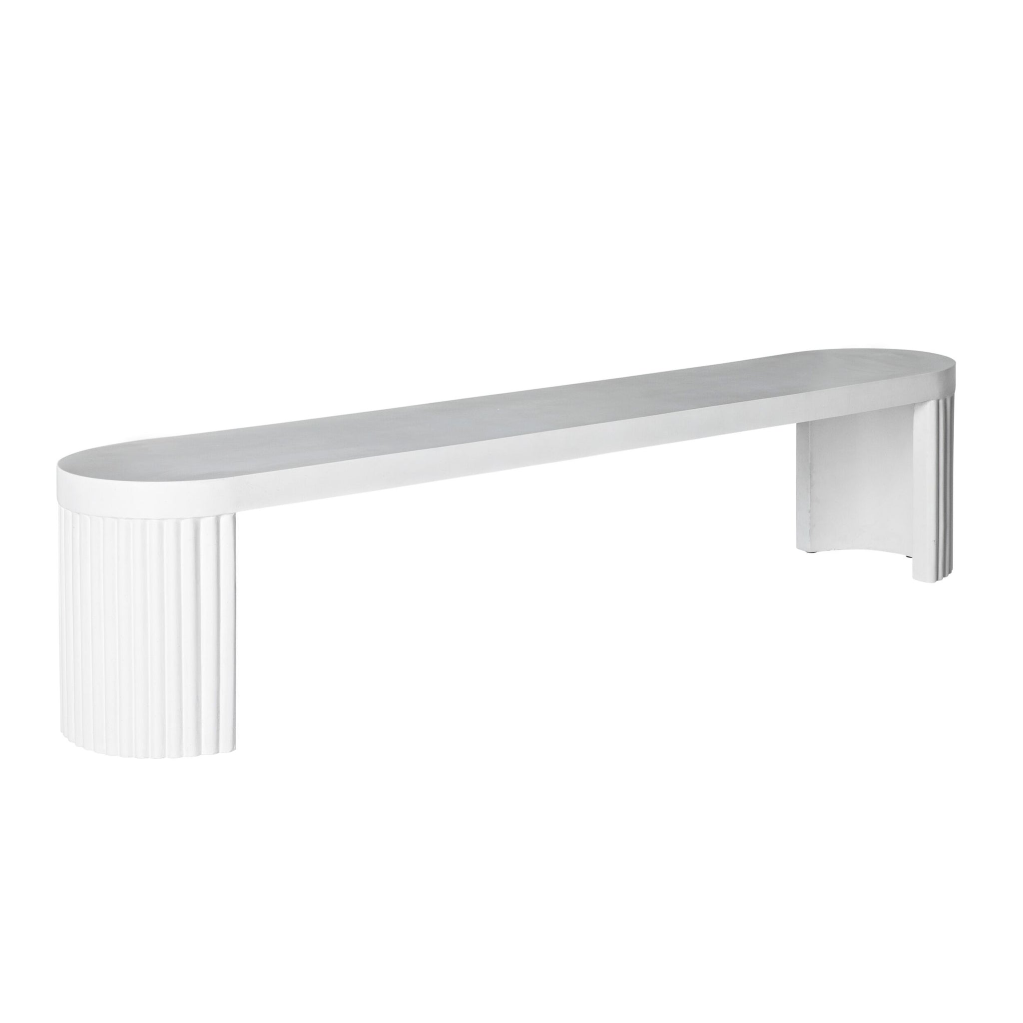 Discover the Ripple Curved Outdoor Dining Bench, a sleek white bench with rounded edges and ribbed cylindrical supports, ideal for enhancing your contemporary outdoor furniture.