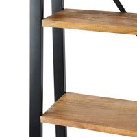 Close-up of the Fulham Large Ladder Shelving Unit with a sleek steel frame and mango wood shelves, providing a contemporary edge.