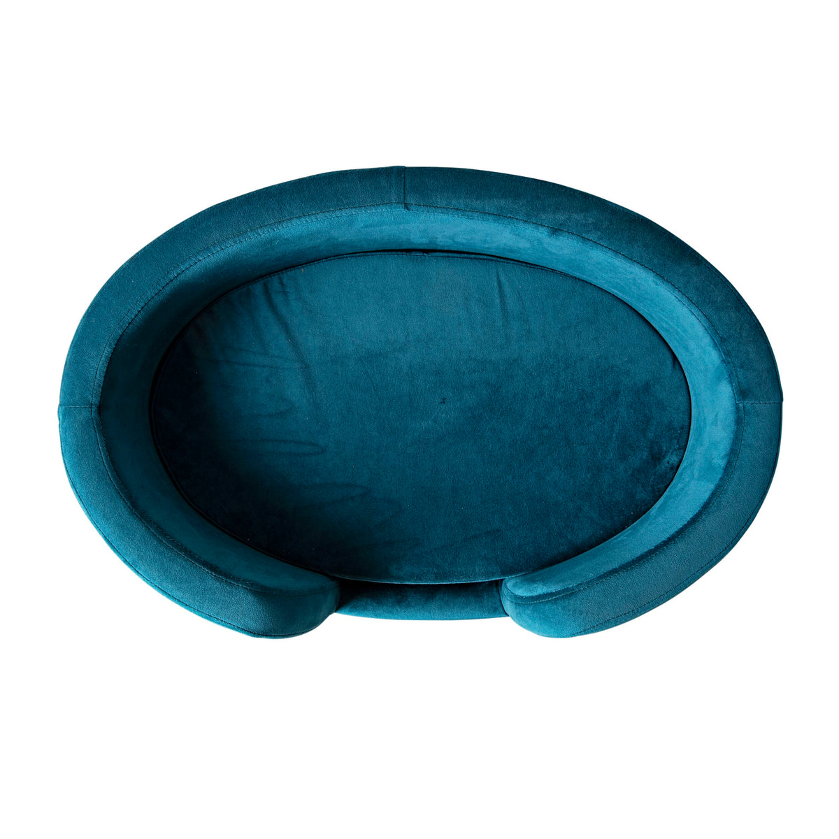 Oval Velvet Pet Bed in Teal Blue, size 64x41x24cm, featuring raised sides and plush velvet material, viewed from above.