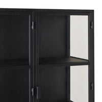 The Nero 6 Door Display Cabinet (135 x 40 x 160cm) features a black metal frame with glass doors and shelves, showcasing modern style and sleek storage, shown from a side angle against a plain white background.