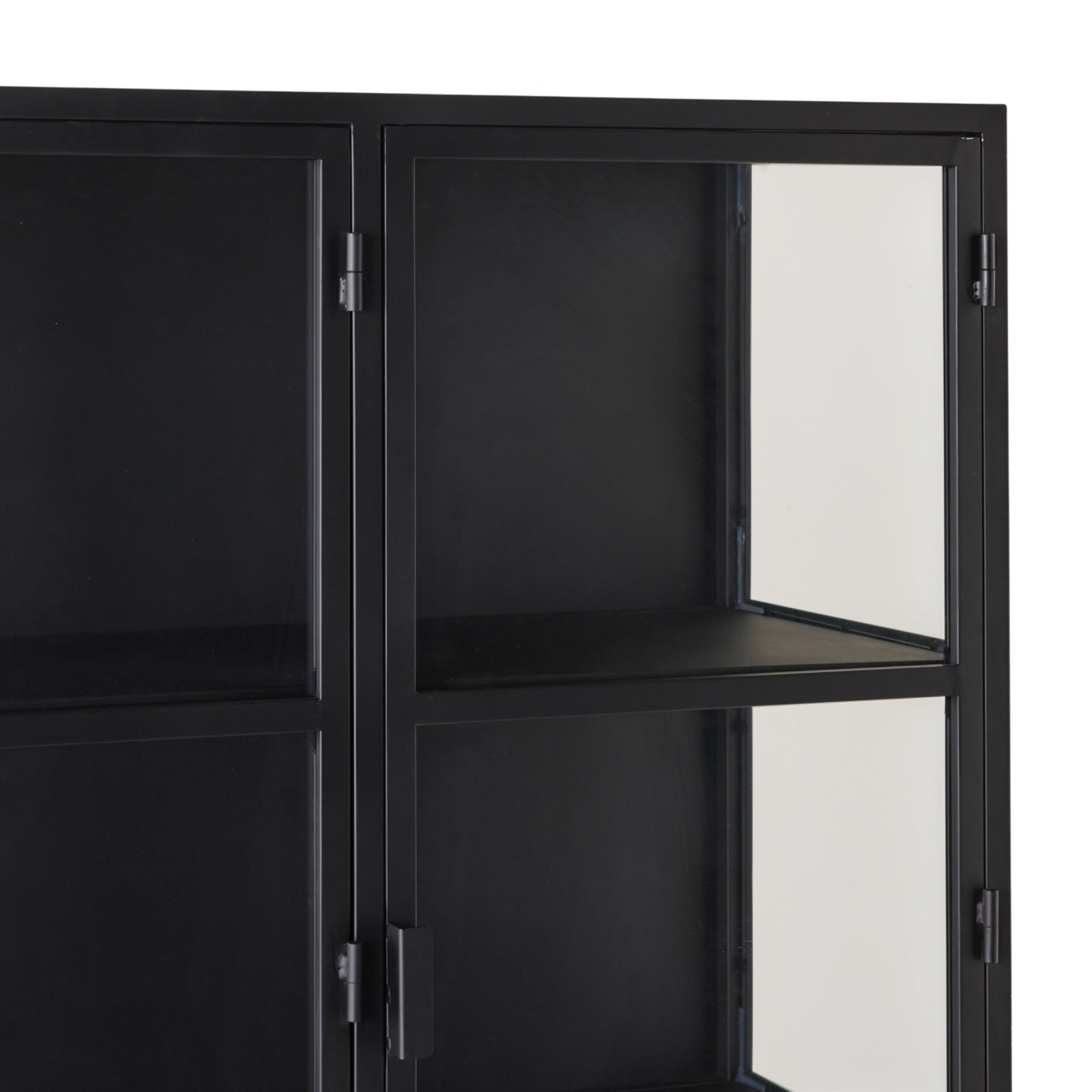 The Nero 6 Door Display Cabinet (135 x 40 x 160cm) features a black metal frame with glass doors and shelves, showcasing modern style and sleek storage, shown from a side angle against a plain white background.