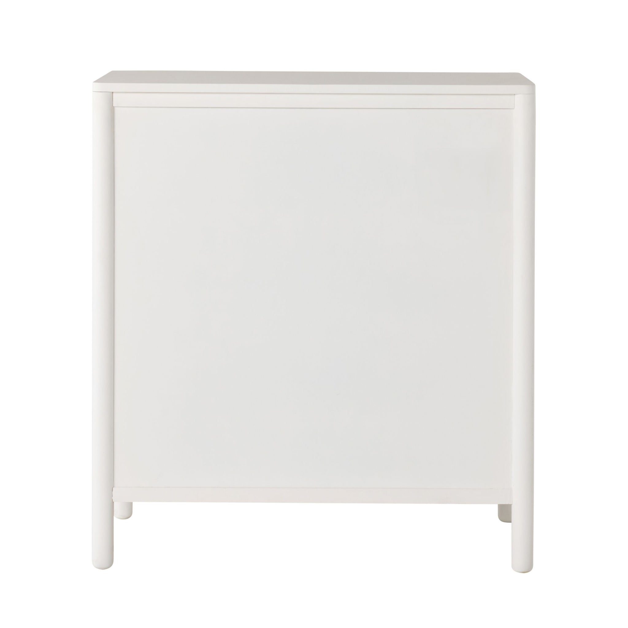 The Spintara 4 Drawer Chest White is a minimalist, rectangular storage unit with four drawers and short legs, perfect for bedroom organization. Shown in plain white against a white background.