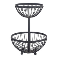 The Black 2 Tier Fruit Basket (30x43x30cm) has durable iron with a polished antique black finish, featuring wire baskets, a central support, and spherical feet.