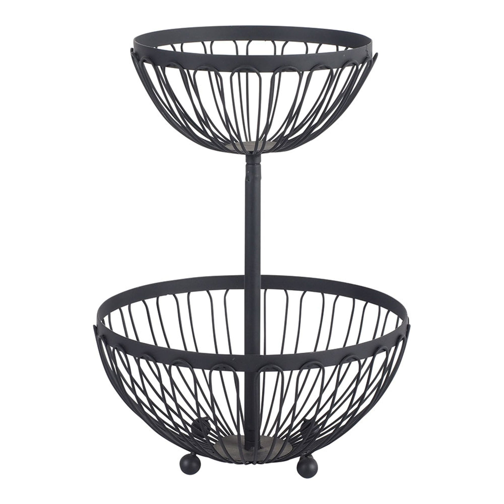The Black 2 Tier Fruit Basket (30x43x30cm) has durable iron with a polished antique black finish, featuring wire baskets, a central support, and spherical feet.