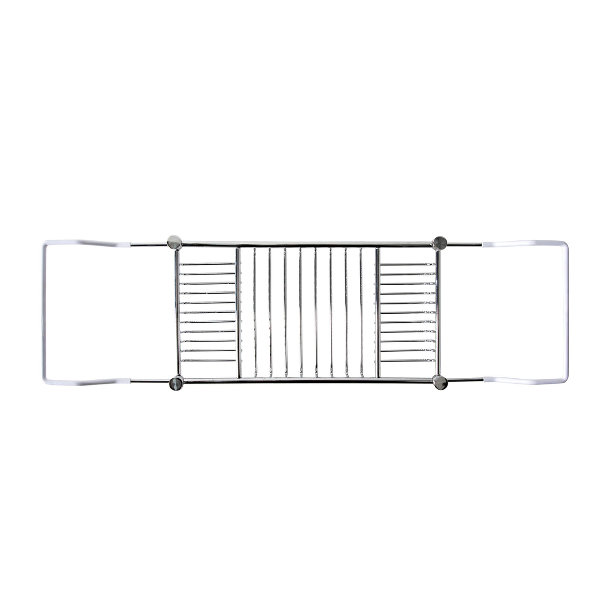 The Regency Bath Caddy Chrome features a sleek finish with parallel metal bars and two adjustable side handles, offering both elegance and durability.