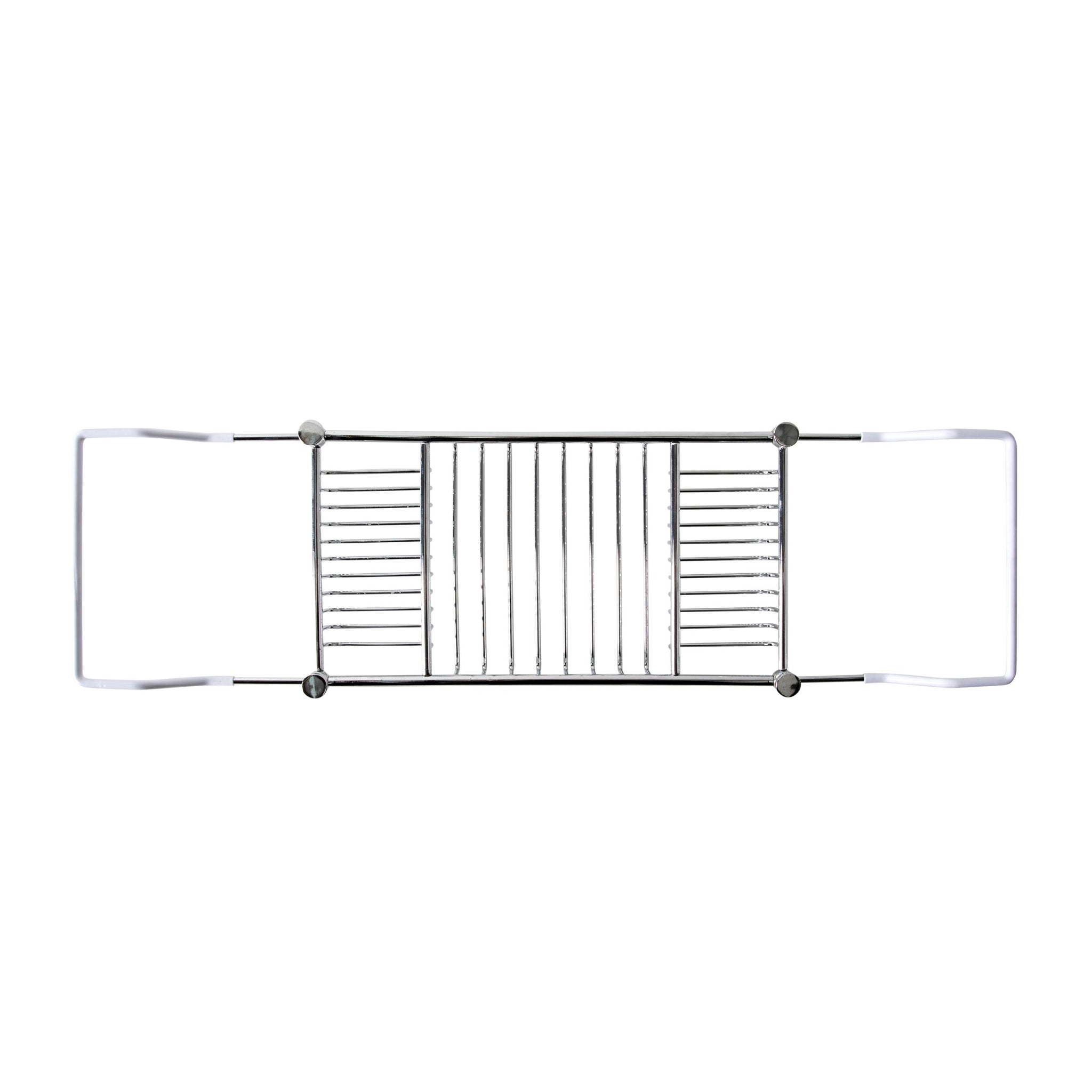 The Regency Bath Caddy Chrome features a sleek finish with parallel metal bars and two adjustable side handles, offering both elegance and durability.