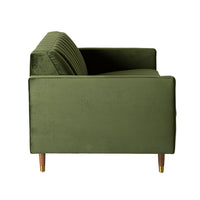 Side view of the Stitch 2 Seater Velvet Sofa in Juniper Olive, featuring vertical stitched backrest, wooden legs with brass-capped fronts, set against a white background.