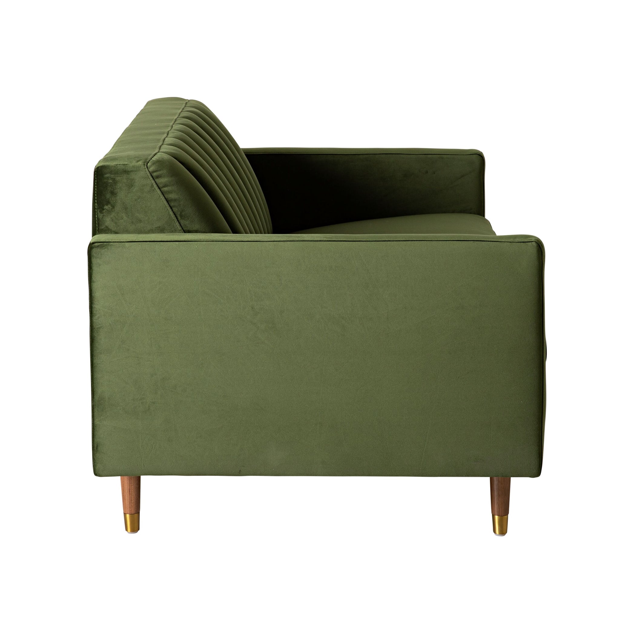 Side view of the Stitch 2 Seater Velvet Sofa in Juniper Olive, featuring vertical stitched backrest, wooden legs with brass-capped fronts, set against a white background.