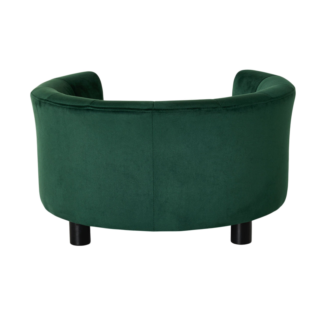 The Vivienne Velvet Pet Bed in Forest (65x65x36cm) features plush green upholstery, a curved backrest, and black cylindrical legs, displayed from the rear against a white background.