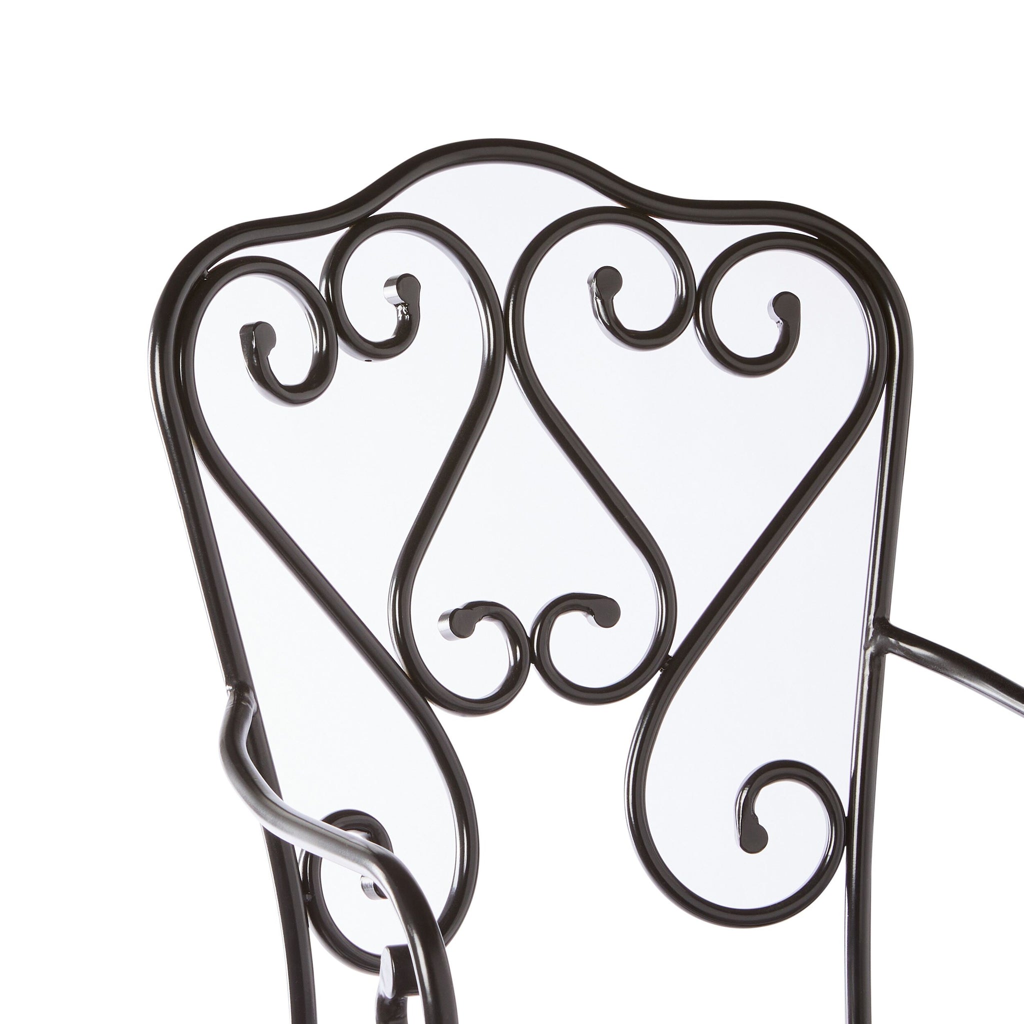 Close-up of the upper backrest of the Manette Outdoor Dining Chair Black M2, showcasing decorative scrollwork and a durable powder-coated black metal finish.