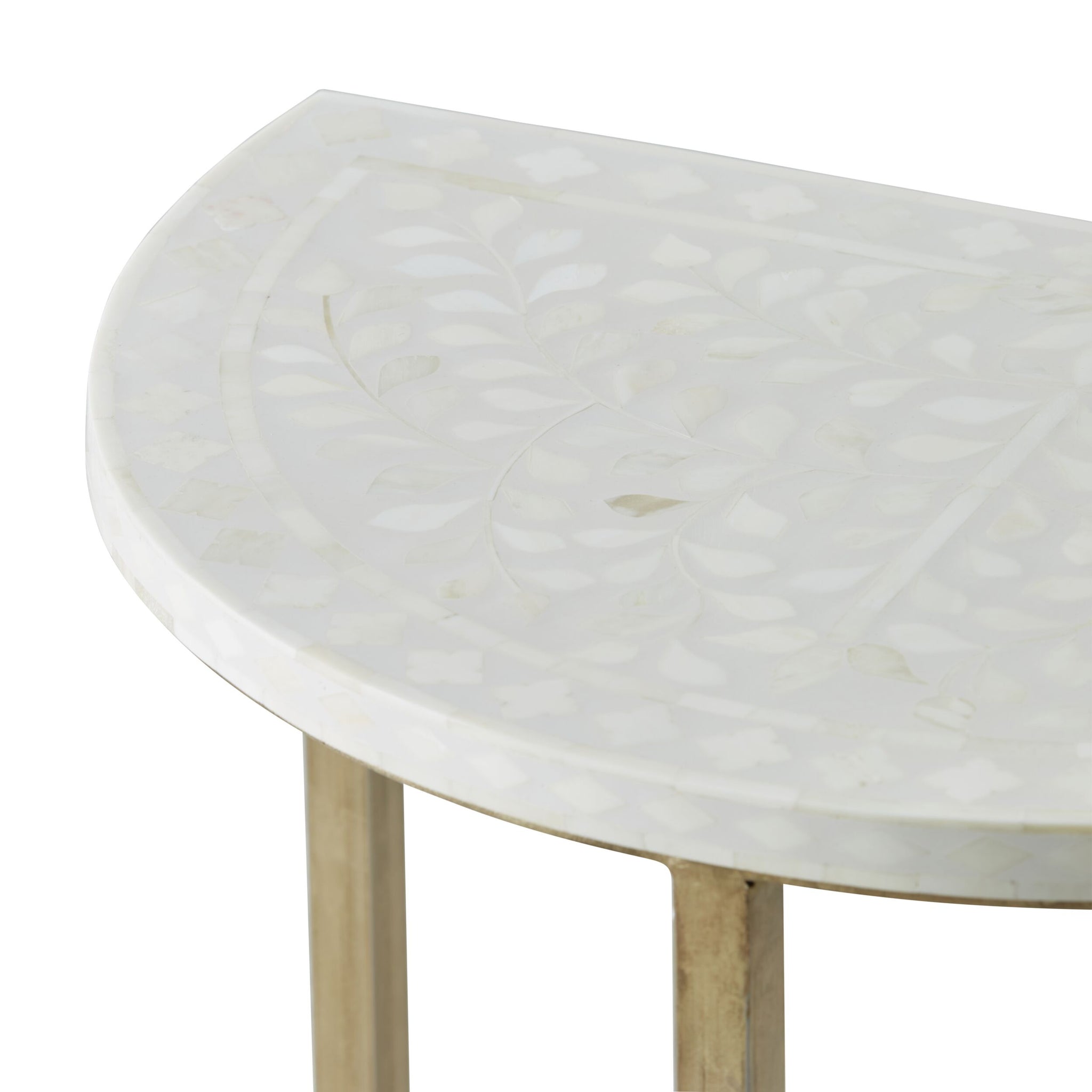 Bone Inlay Half Moon Side Table Beige with Gold Frame 53cm