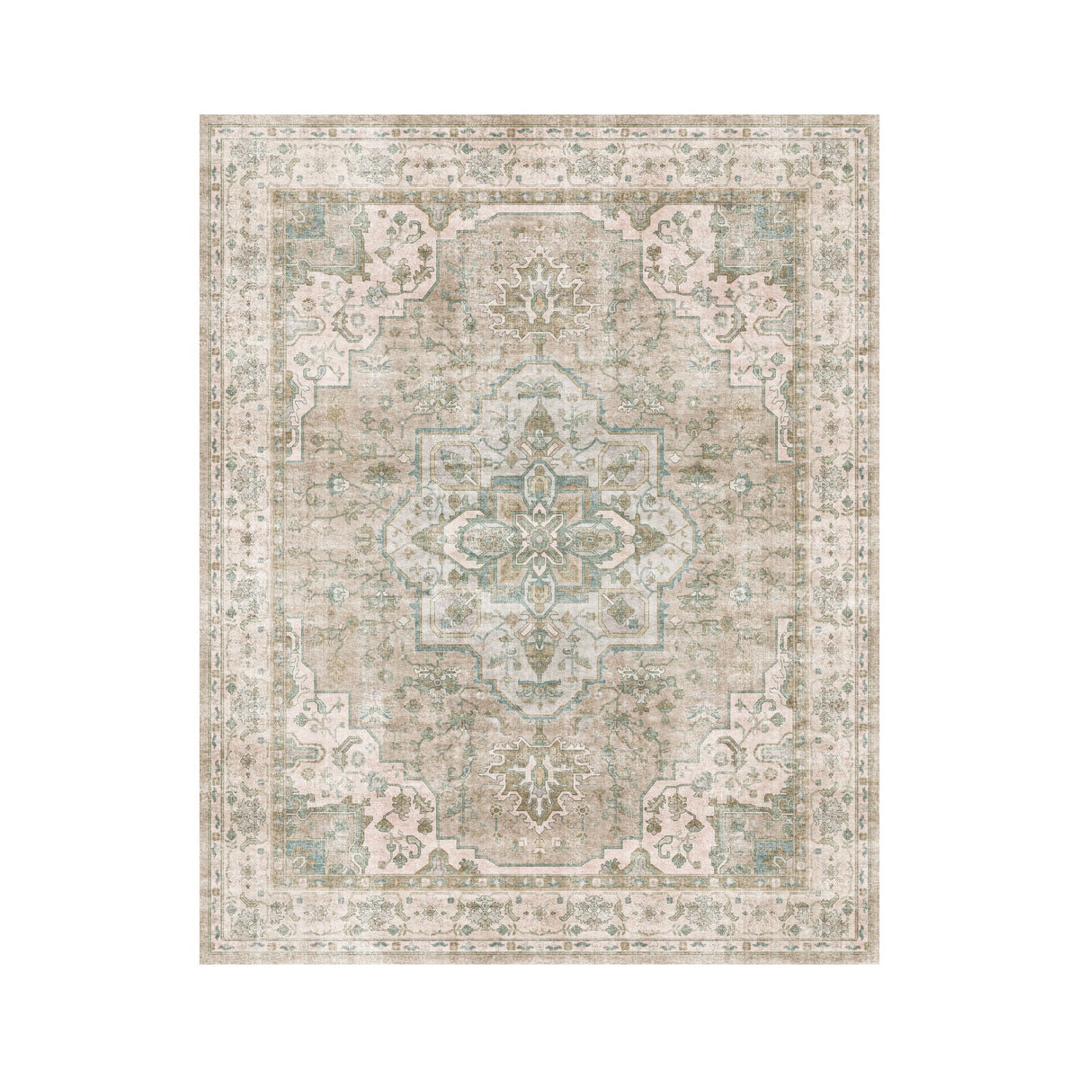 The Manisa Washable Rug 240x300cm features a rectangular Persian-inspired design with a faded floral and geometric pattern in beige, cream, and blue-green. Made from durable, machine-washable polyester for easy care.