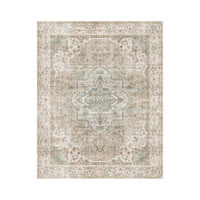 The Manisa Washable Rug 240x300cm features a rectangular Persian-inspired design with a faded floral and geometric pattern in beige, cream, and blue-green. Made from durable, machine-washable polyester for easy care.