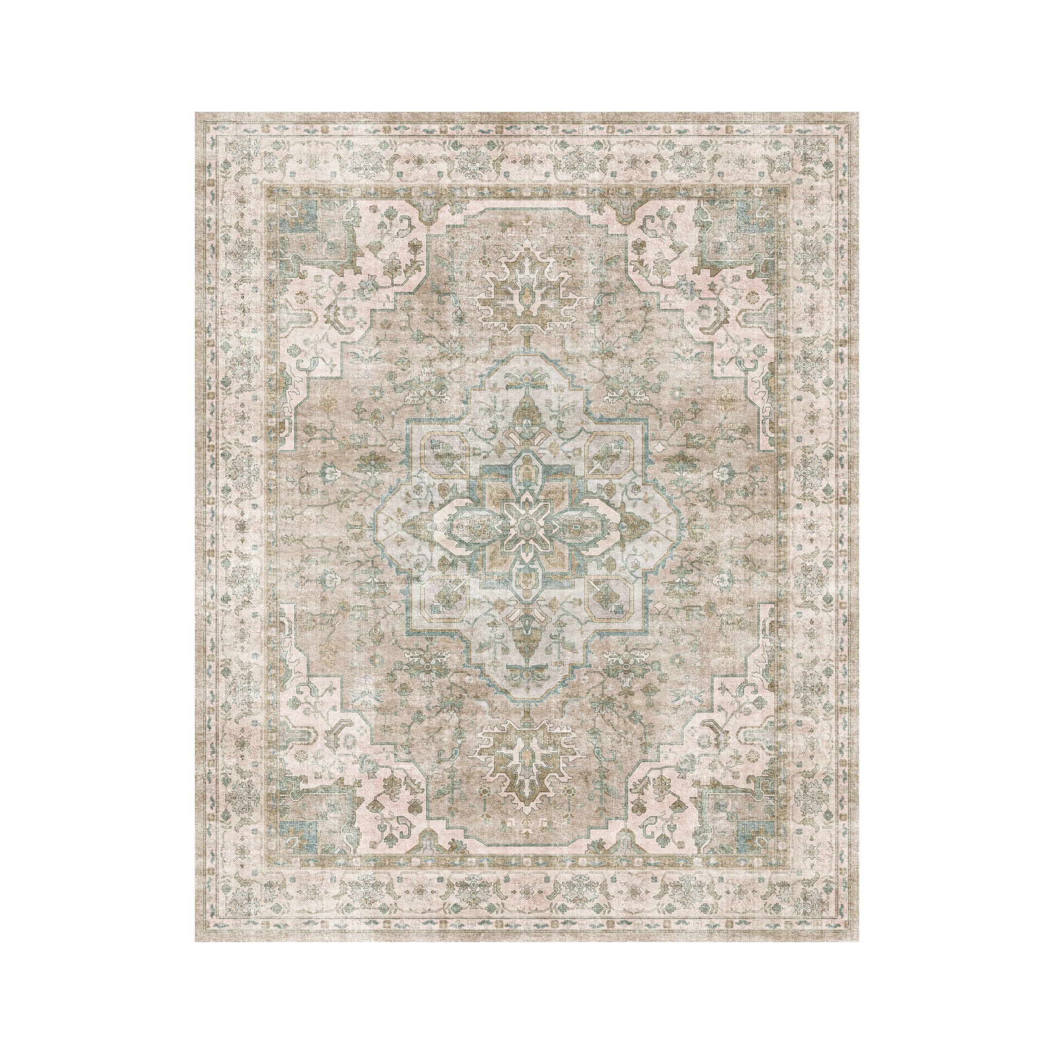 The Manisa Washable Rug 240x300cm features a rectangular Persian-inspired design with a faded floral and geometric pattern in beige, cream, and blue-green. Made from durable, machine-washable polyester for easy care.