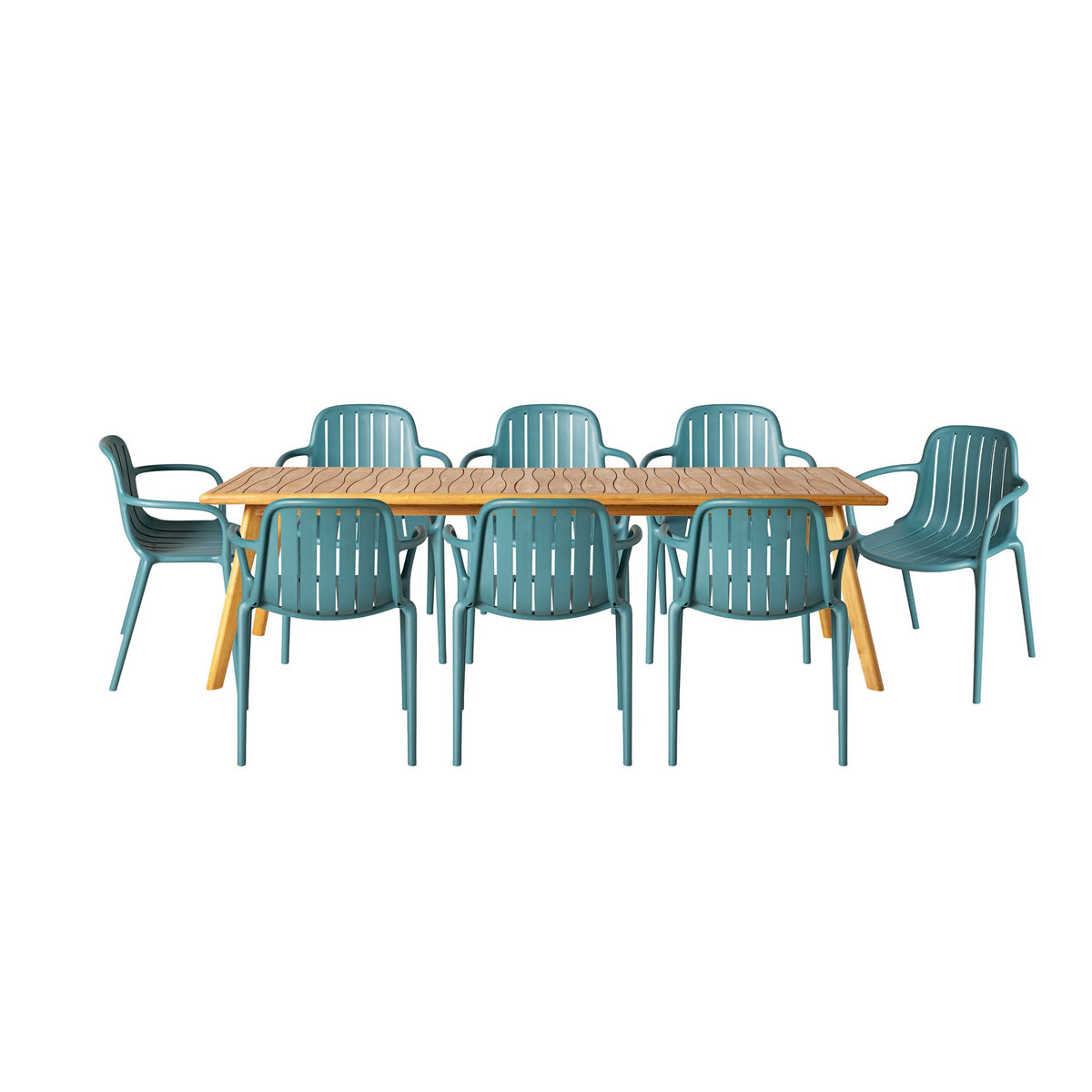 Drift Dining Table 260cm with 8 Blanka Dining Chair Marine Blue Packag