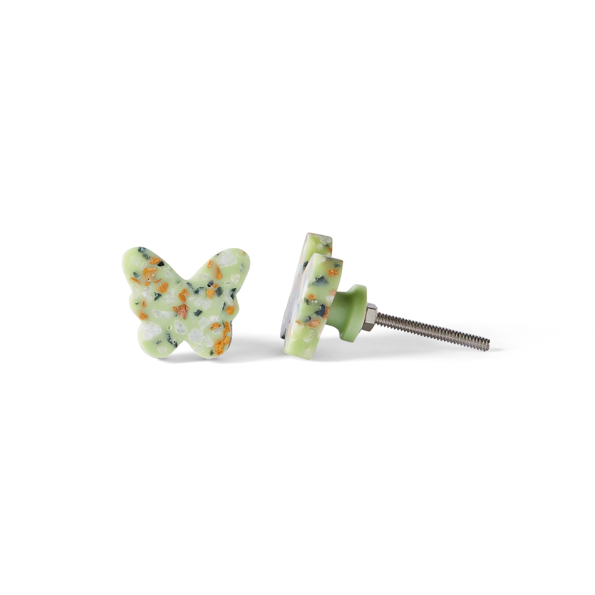 The Speckle Green Butterfly Knob 3.7cm features a green base with multicolored terrazzo speckles; one stands upright, while the other lies on its side, creating a charming decorative drawer pull set.