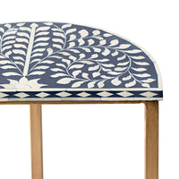 Bone Inlay Half Moon Side Table Blue with Gold Frame 44cm