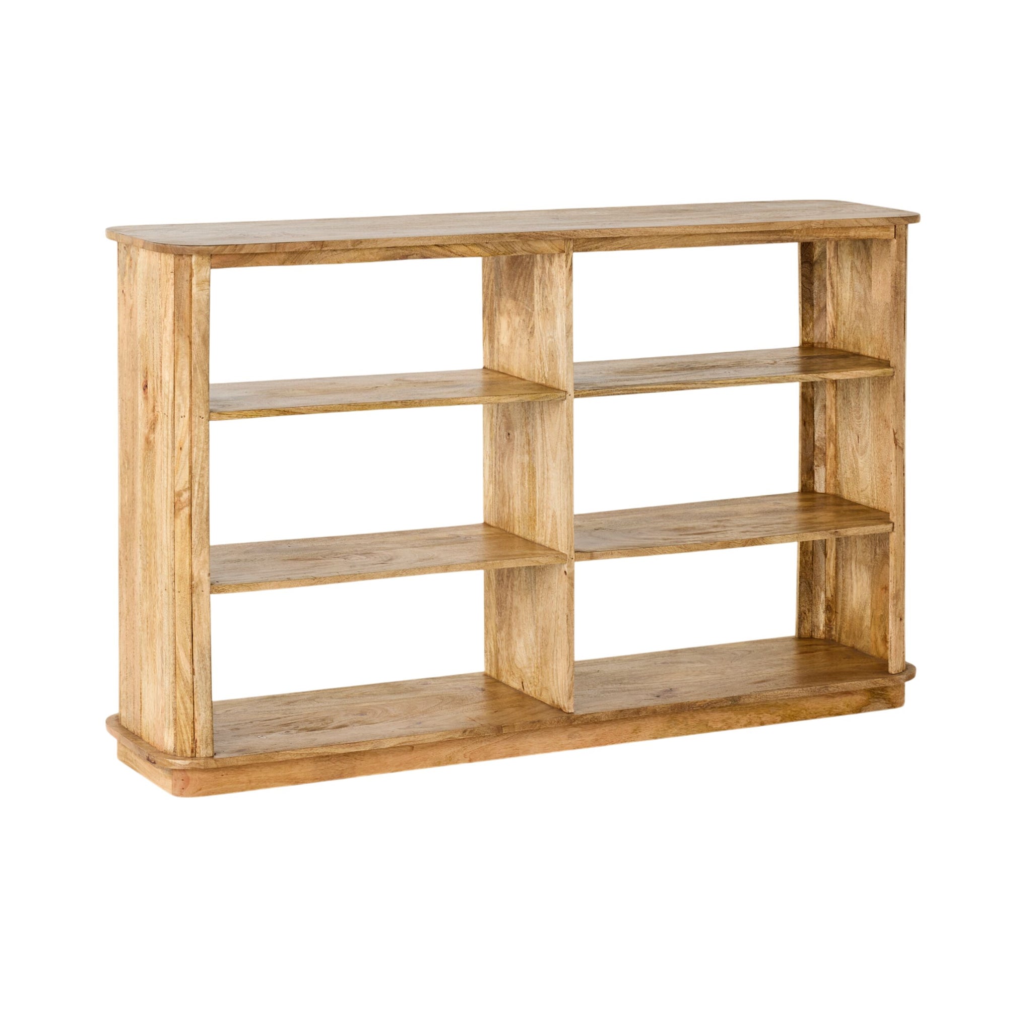 The Brompton Bookcase Low is a wooden bookshelf with a natural finish, featuring two columns and three shelves each. This open-back bookcase is shown against a white background.