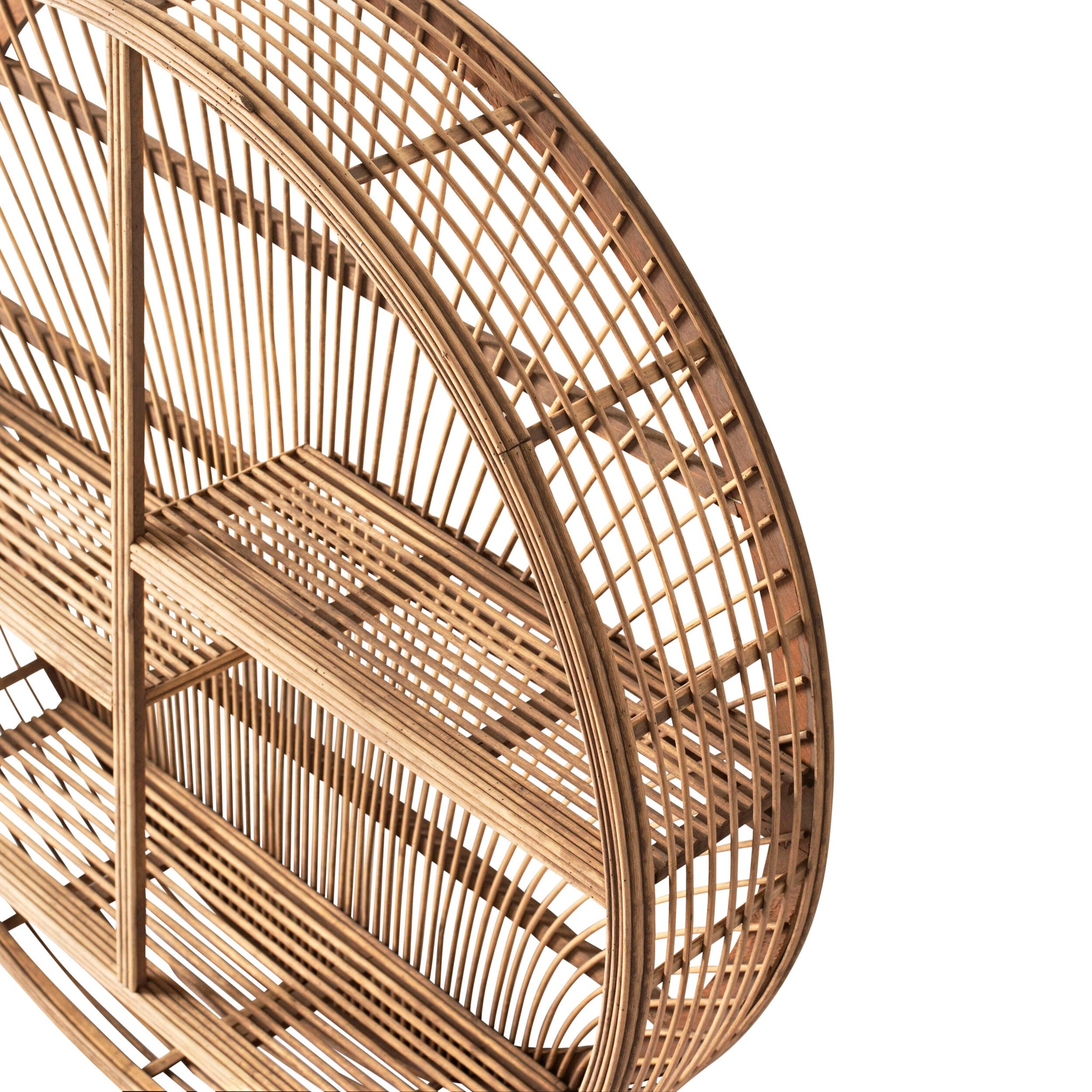 A close-up of a rattan shelf