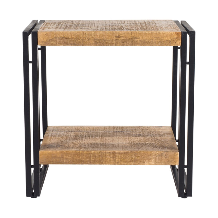 The Fulham Side/Bedside Table is a compact wooden shelf with two tiers, crafted from mango wood and featuring a sleek black steel frame for contemporary flair.