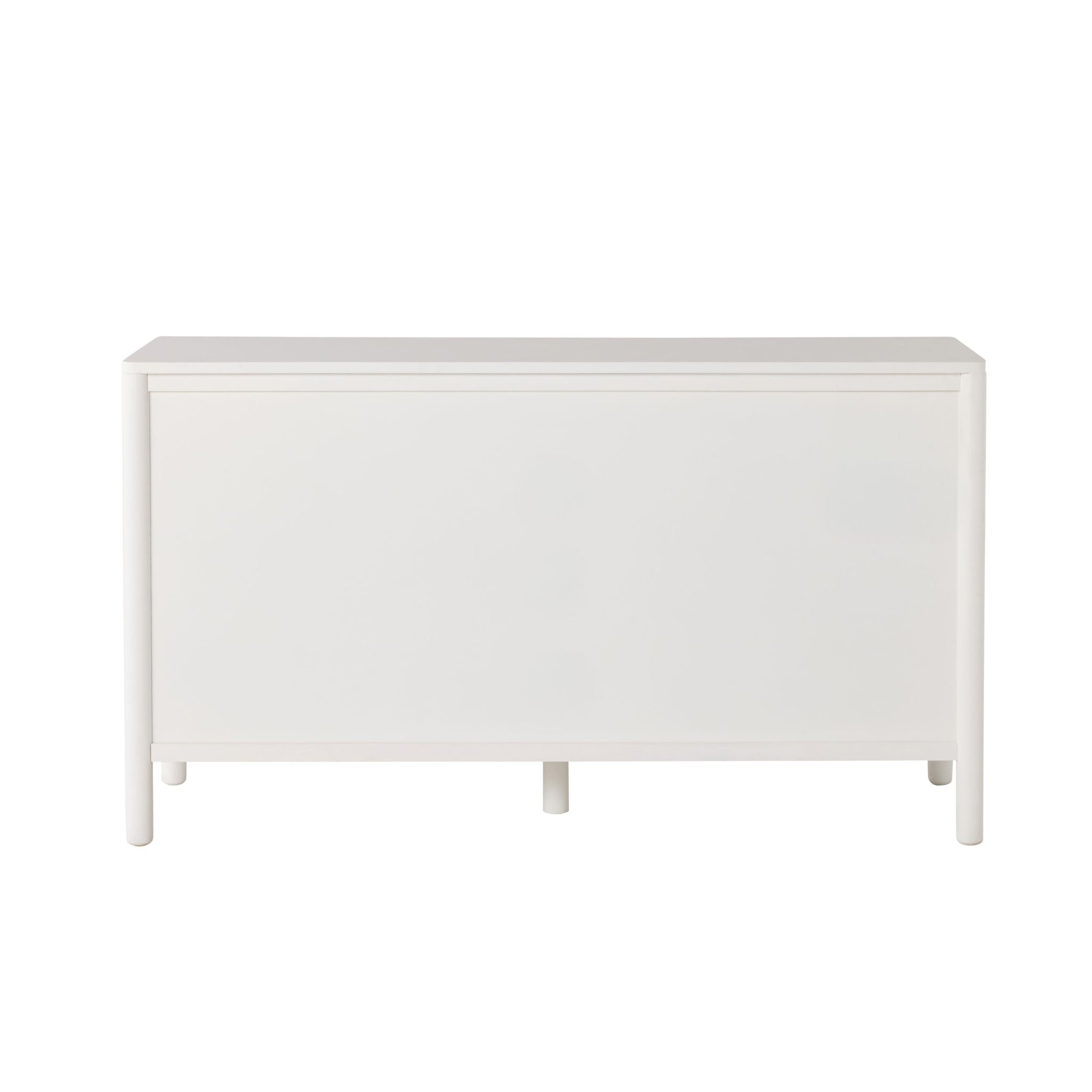 The Spintara 6 Drawer Low Chest White features a minimalist, rectangular design with flat front panels and four straight legs—perfect as a sleek white bedroom chest or modern storage solution for contemporary spaces.