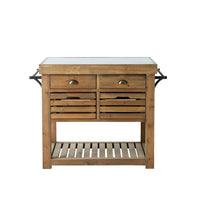 The Carter 2 Drawer Island Bench features a bluestone top, two drawers, open-front storage, a slatted lower shelf, and metal side handles to bring rustic style to your kitchen.