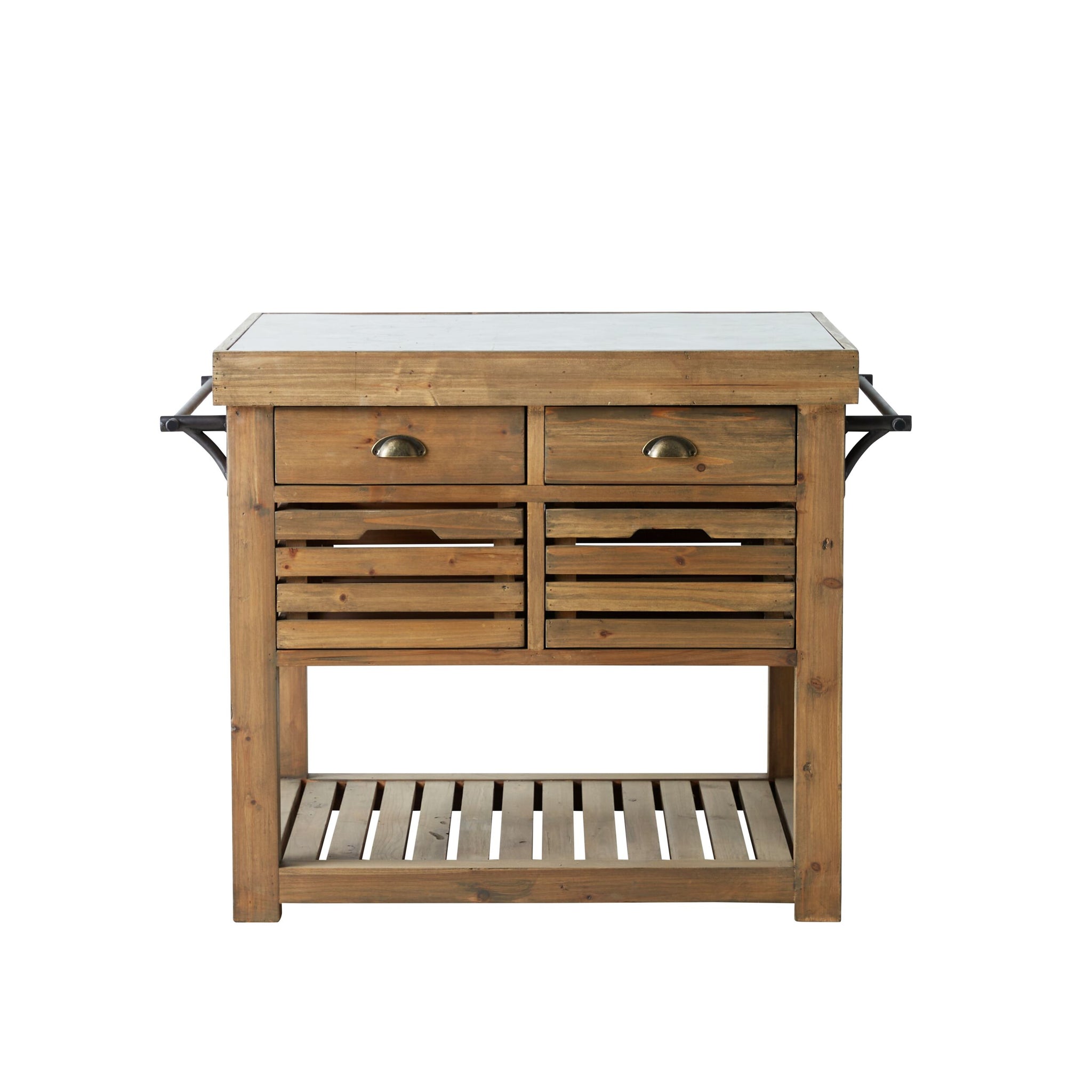 The Carter 2 Drawer Island Bench features a bluestone top, two drawers, open-front storage, a slatted lower shelf, and metal side handles to bring rustic style to your kitchen.