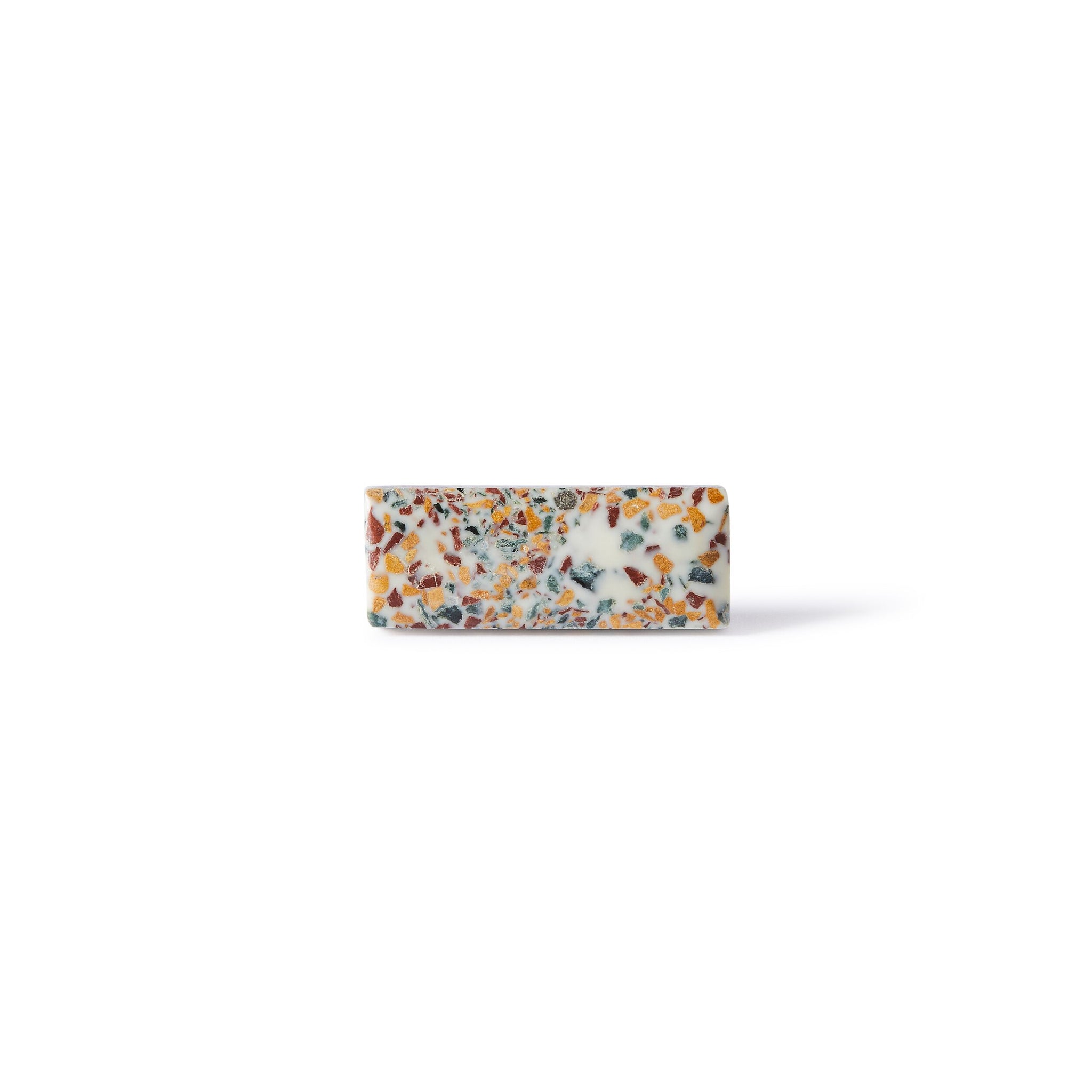 The Speckle Terazzo Knob Large 6.7cm features a rectangular multicolored terrazzo design with a white base, shown on a white background. This eye-catching knob is ideal for adding Early Settler charm to any space.