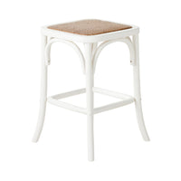 The Bastion Backless Bar Stool White, crafted from sturdy elm wood with a square woven rattan seat and curved leg supports, is displayed against a plain white background.