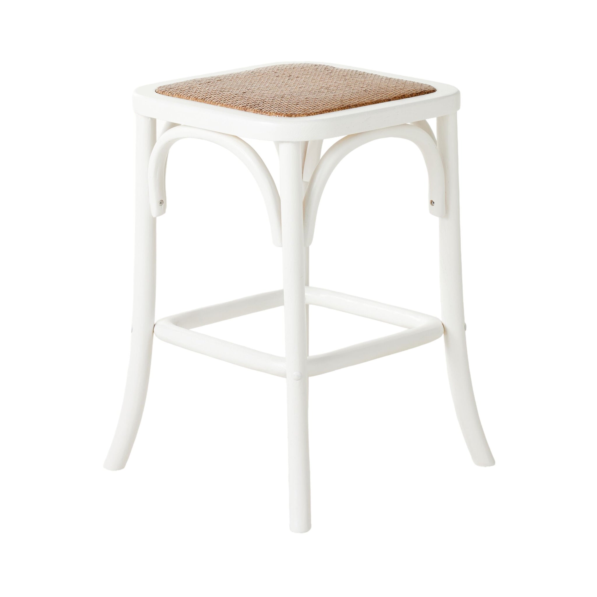 The Bastion Backless Bar Stool White, crafted from sturdy elm wood with a square woven rattan seat and curved leg supports, is displayed against a plain white background.