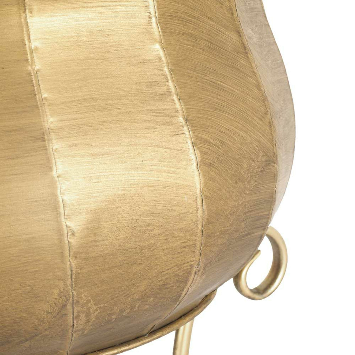 Close-up of the Jiya Metal Plant Stand (38x38x80cm) in brass, showcasing curved lines, textured surface, and a polished iron finish.