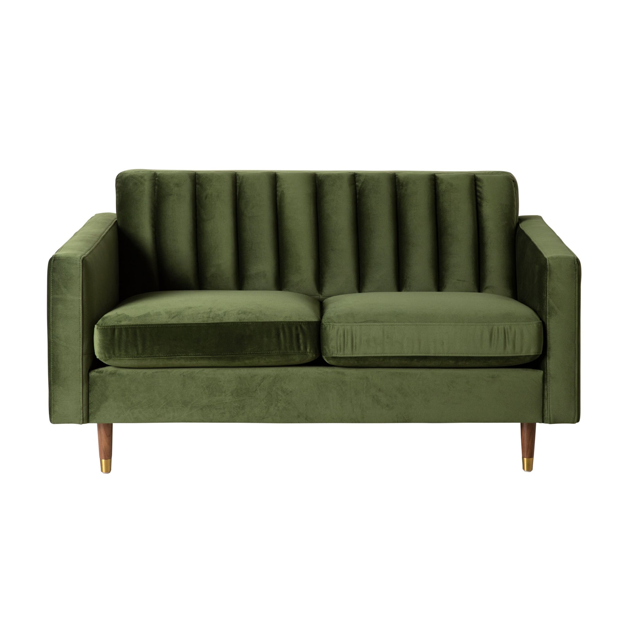 The Stitch 2 Seater Velvet Sofa in Juniper Olive features a vertical tufted backrest, square arms, two seat cushions, and brass-capped legs for a sophisticated mid-century look, shown here against a white background.