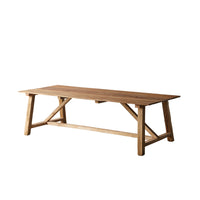 The Barndo Reclaimed Dining Table measures 240x100cm and features a farmhouse-style design with a rectangular top crafted from reclaimed timber and sturdy A-frame legs.