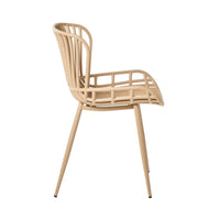 Side view of the Lini Dining Chair Taupe, a modern chair in beige plastic featuring a grid-like backrest and slender legs. Made from UV-stabilized polypropylene for all-weather resistance, it's suitable for both indoor and outdoor use.