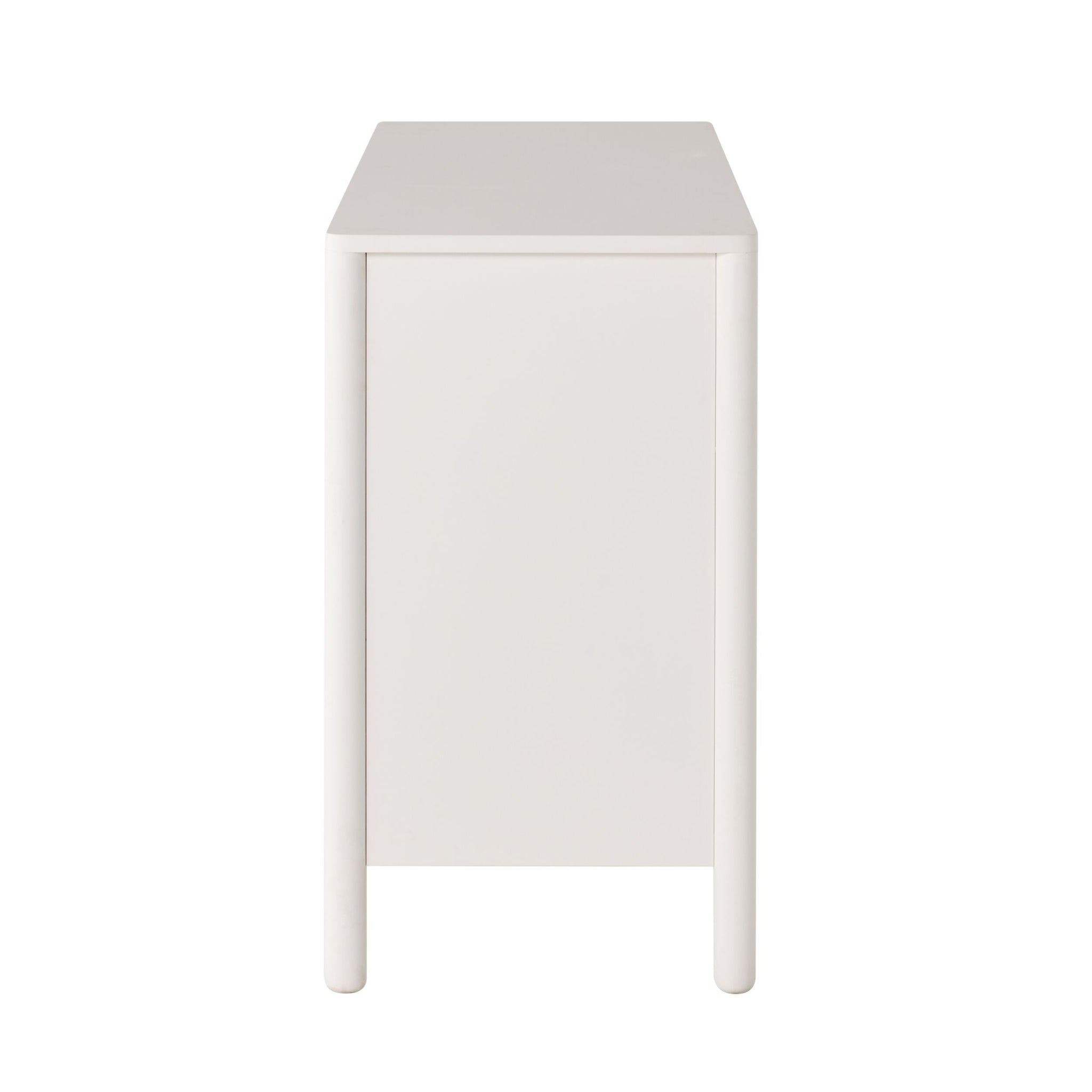 Side view of the Spintara 6 Drawer Low Chest in white, featuring a plain rectangular design with rounded legs and clean lines, shown against a white background.