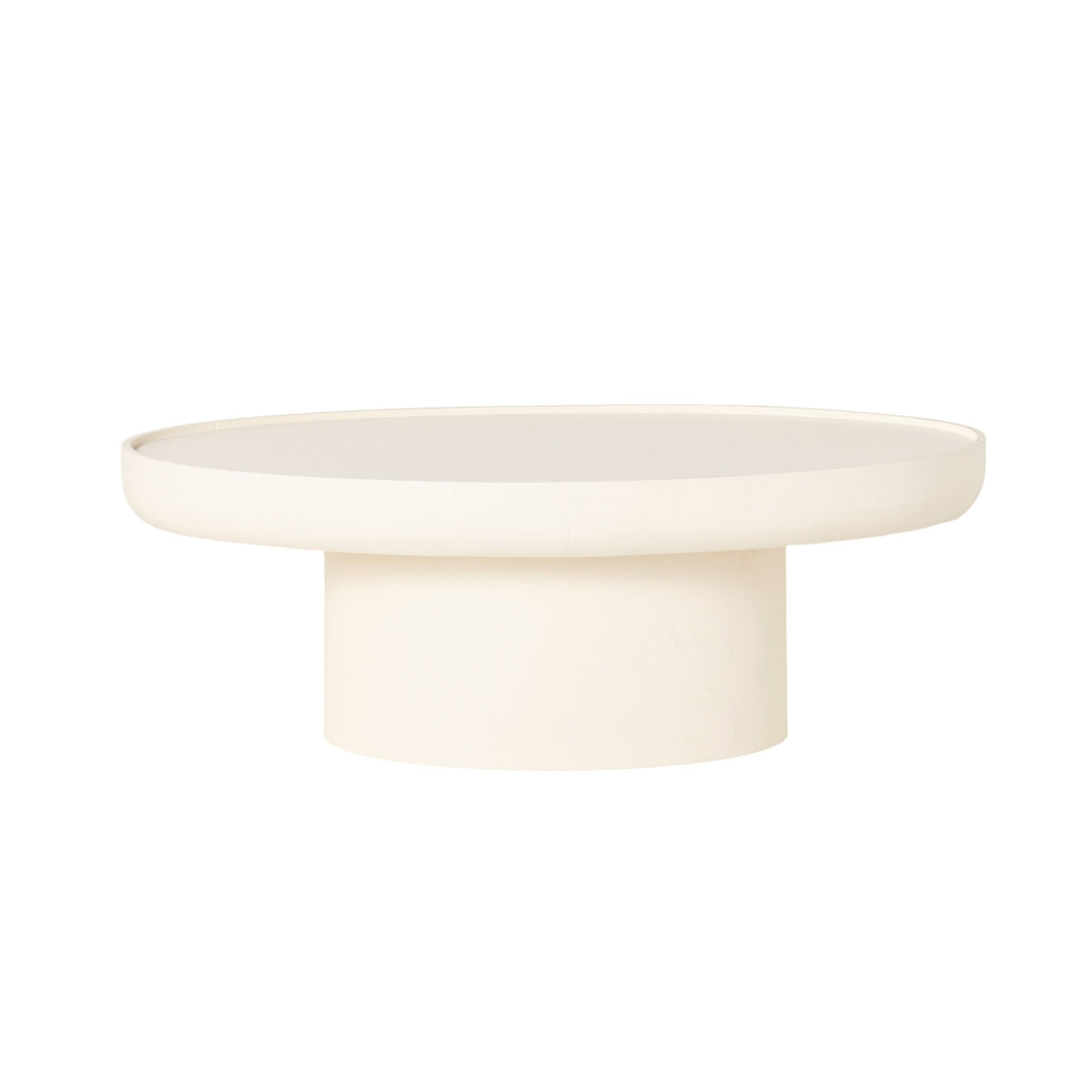 The Lani Oval Coffee Table, measuring 120 x 39 x 65cm, features a sleek mango wood design with a white wash finish, oval top, and sturdy base, shown against a plain white background.