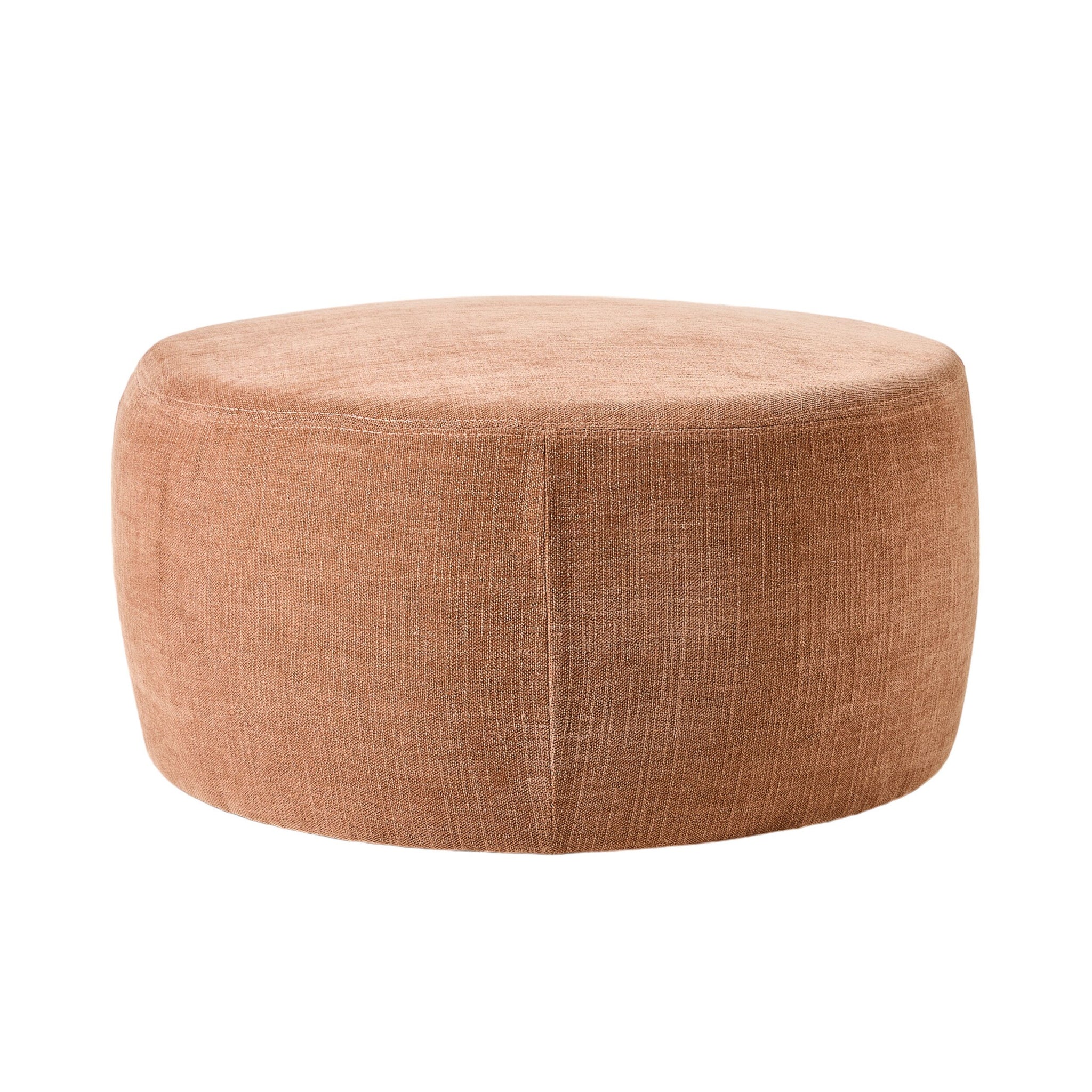 The Tango Round Ottoman Large Solace Dusty Pink showcases a straightforward design with dusty pink polyester weave fabric against a clean white background.