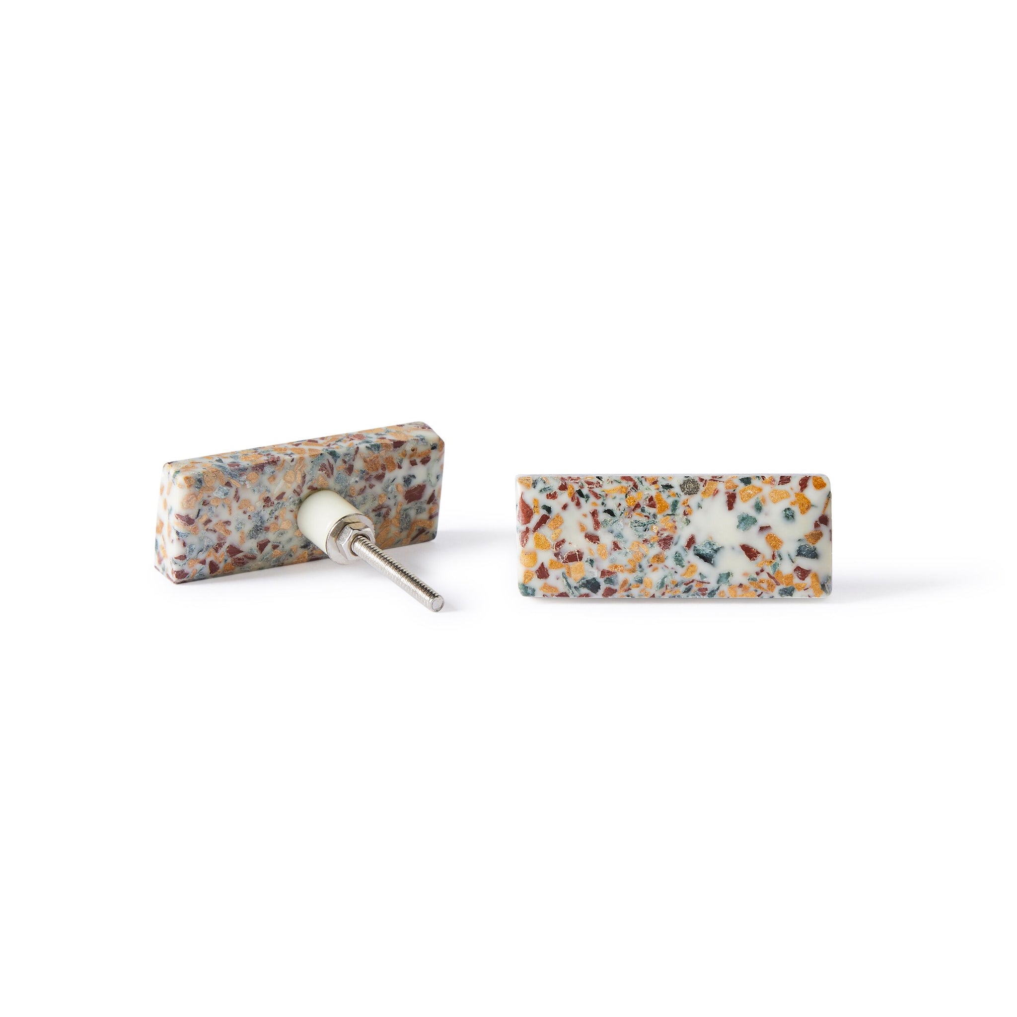 Two rectangular stud earrings with a vibrant Speckle Terazzo Knob Large 6.7cm pattern—one lies flat, the other reveals the metal post, echoing Early Settler’s distinctive decorative style.